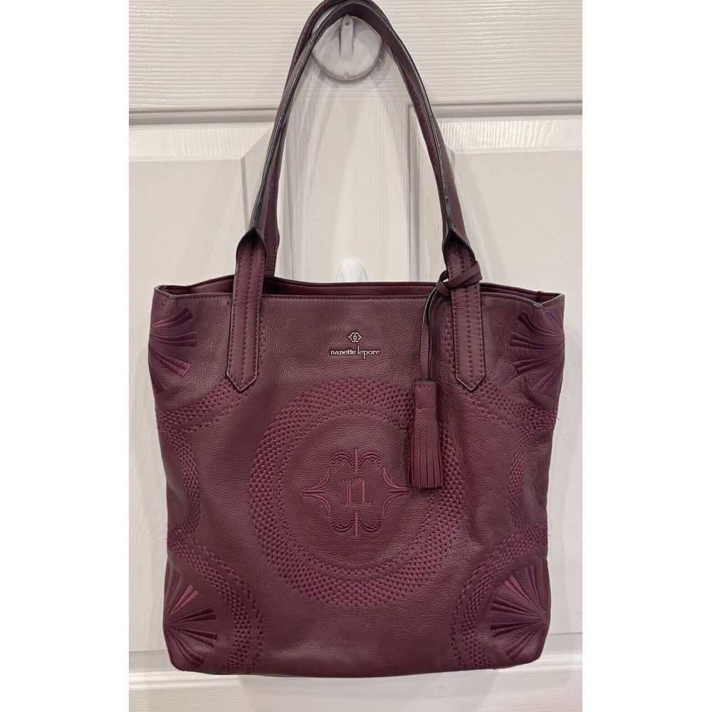 Nanette Lepore Tote Handbag Shoulder Bag Burgundy Merlot‎ Leather Embroidered